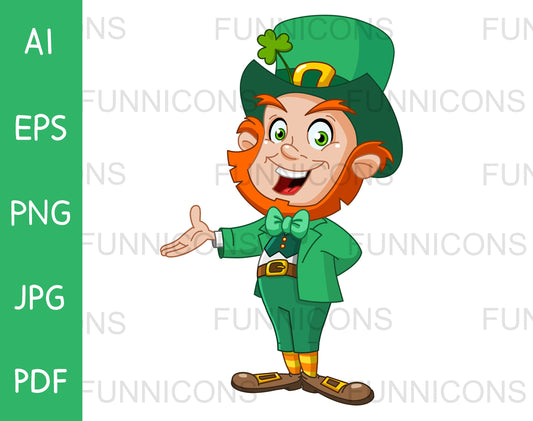 Happy St. Patrick’s Day Leprechaun Elf Presenting with his Hand