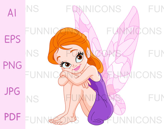 Smiling red haired fairy in a purple dress, resting her head on her knees