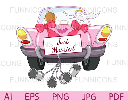 Just Married Sign and Cans on a Pink Car with Bride and Groom, Wedding Invitation