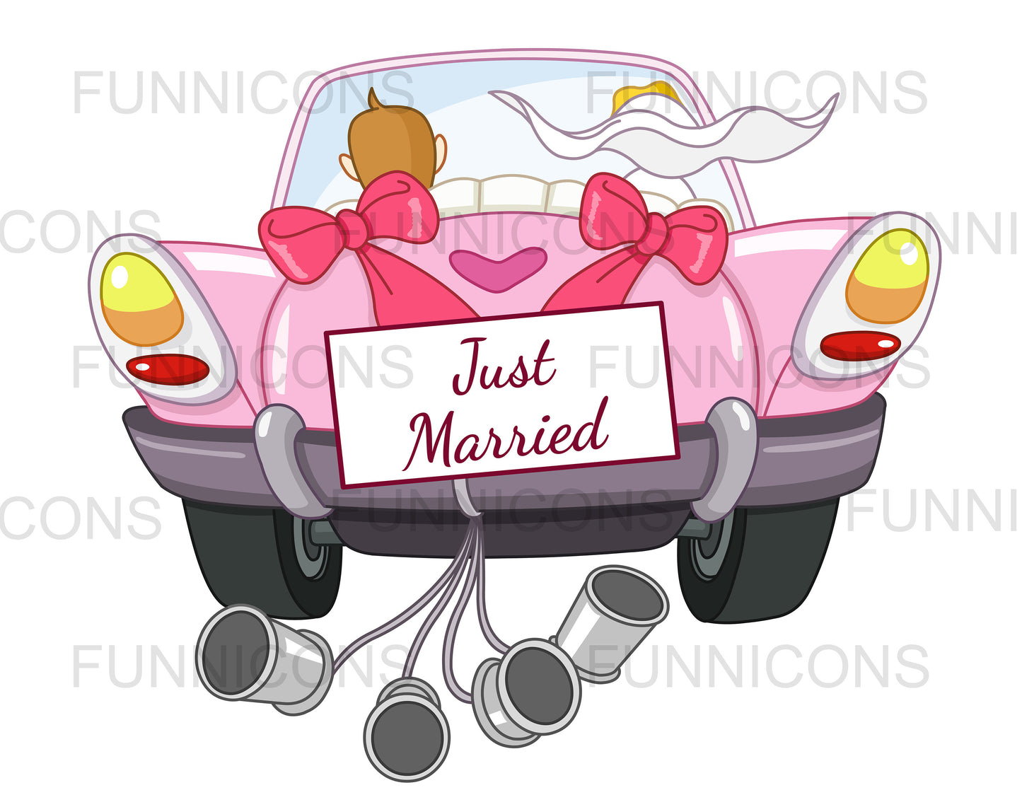 Just Married Sign and Cans on a Pink Car with Bride and Groom, Wedding Invitation