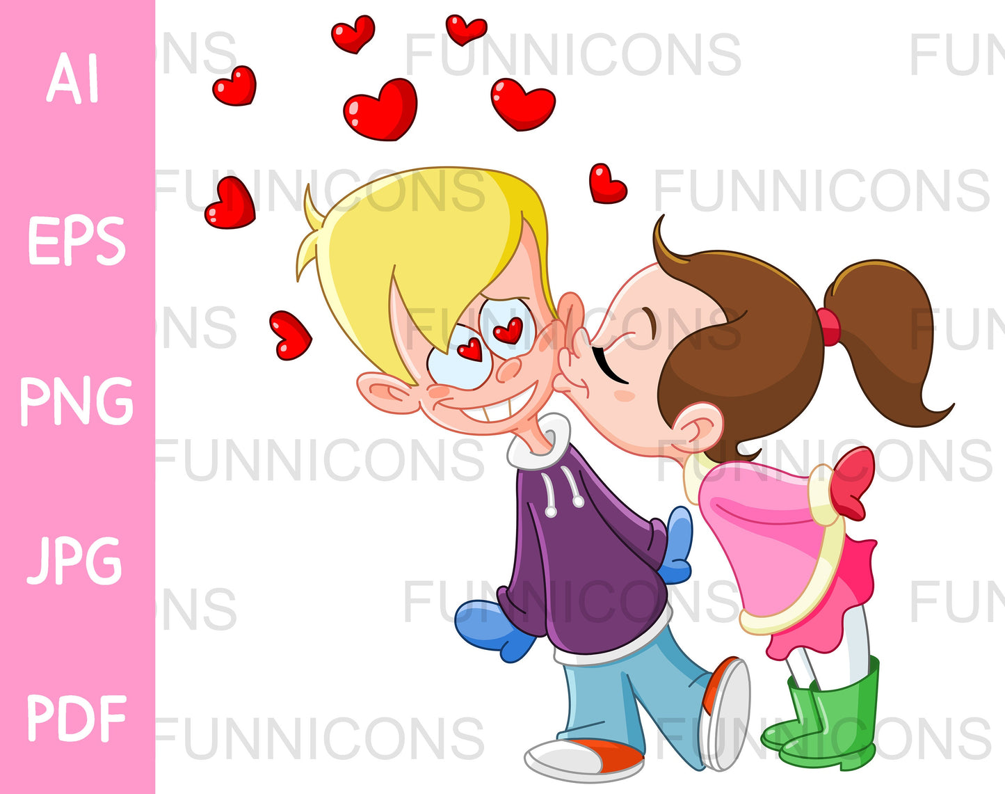 Young Girl Kissing an in Love Boy on the Cheek with Red Hearts