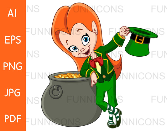 Red Haired Leprechaun Girl Holding a Hat and Leaning on a Pot of Gold Coins