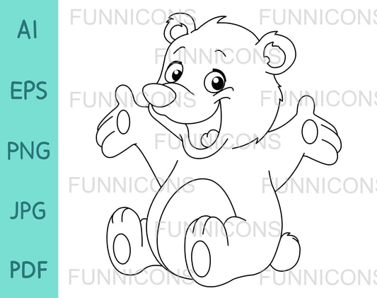 Outlined Happy Teddy Bear Raising his Arms, Vector Line Art Illustration and Coloring Page.