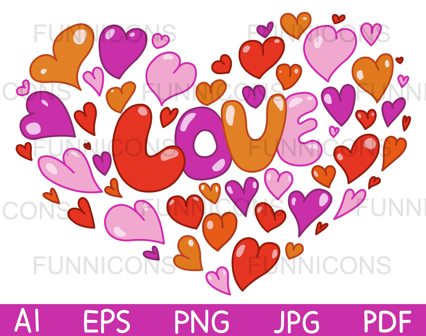 Orange, Pink, Purple and Red Hearts Forming a Big Heart around the Word Love, 60’s Style Card