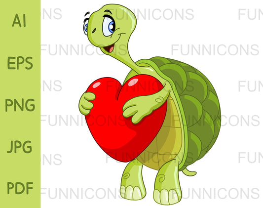Happy Turtle Holding a Red Heart