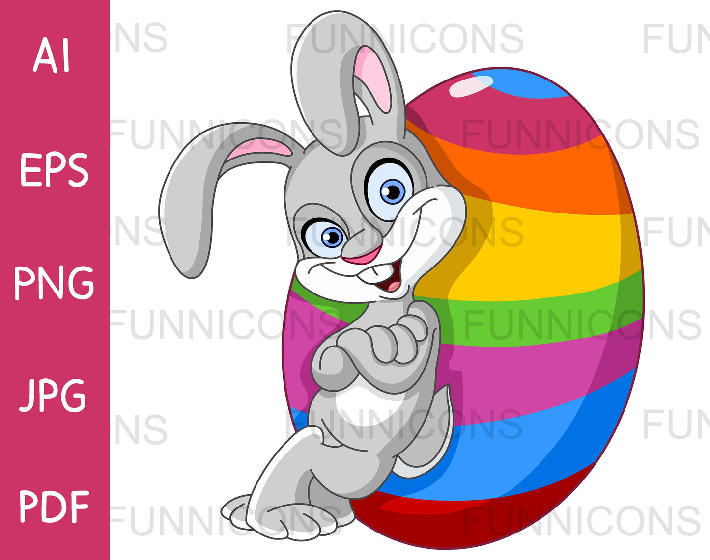 Happy Bunny Rabbit Leaning against a Big Eater Rainbow Egg