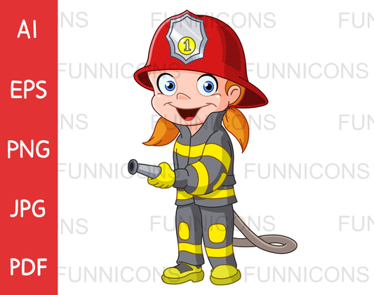 Happy Young Girl Fire Fighter using a Hose, Firegirl