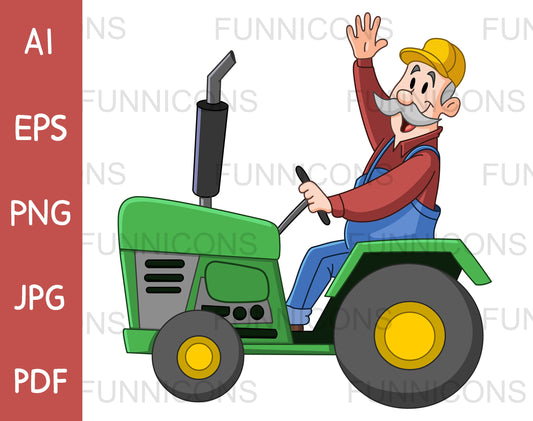 Happy Farmer Driving a Tractor and Waving Hello
