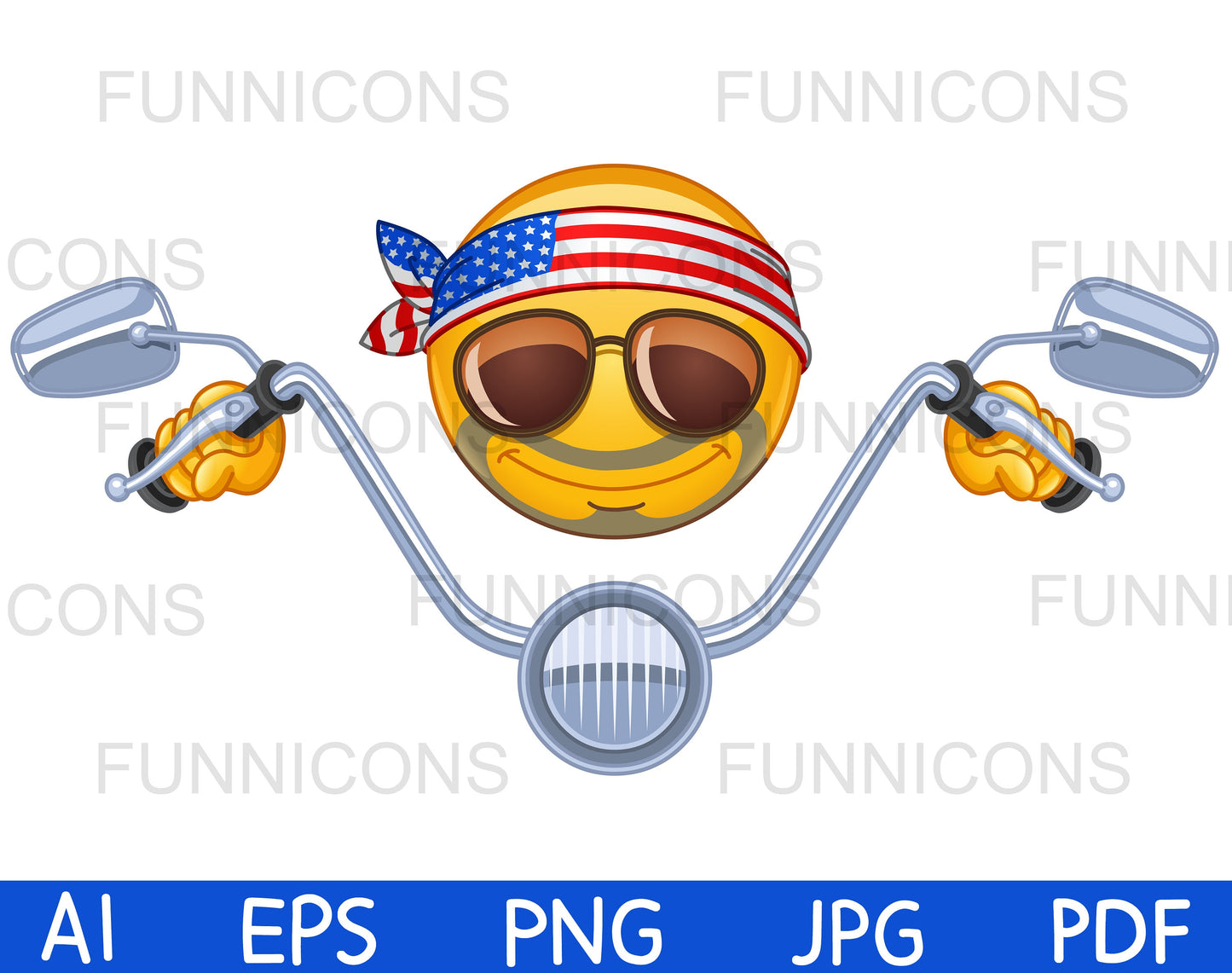 Biker Emoji Riding his Bike Wearing USA Flag Headband and Sunglasses.