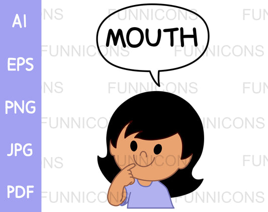 Young Girl Pointing to and Saying Mouth in a Speech Bubble