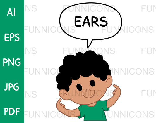 Young Boy Pointing to and Saying Ears in a Speech Bubble