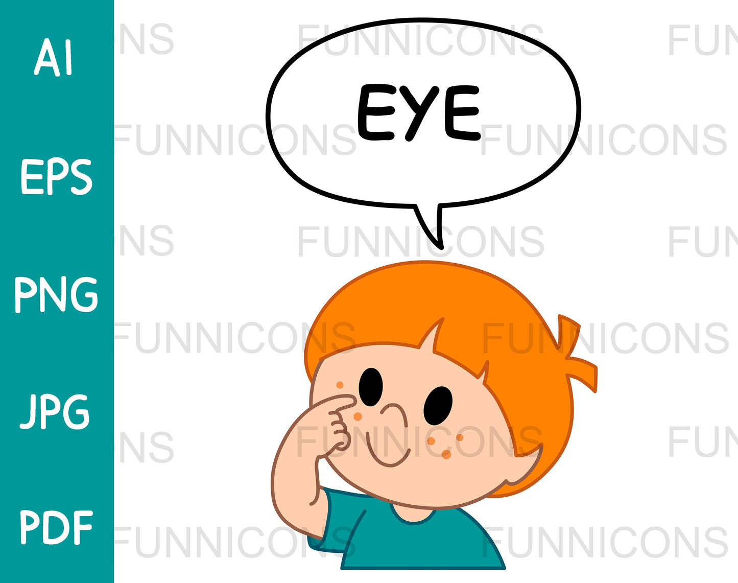 Young Boy Pointing to and Saying Eye in a Speech Bubble