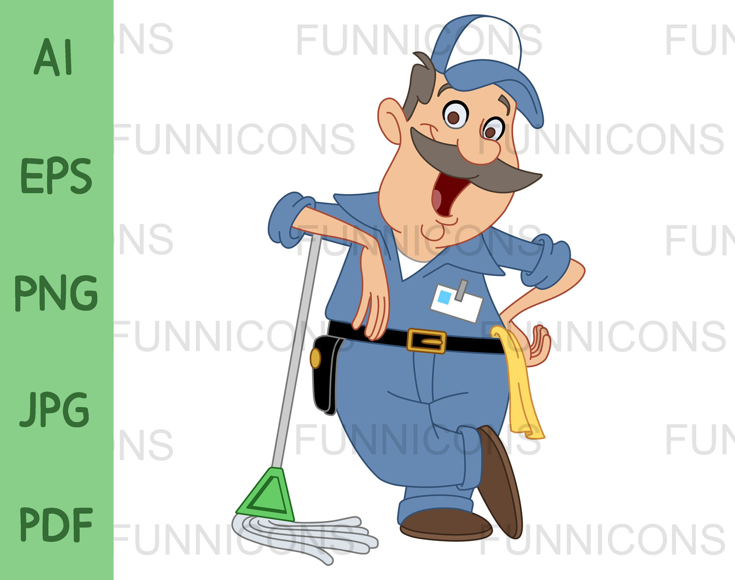 Happy Male Janitor Leaning on a Mop