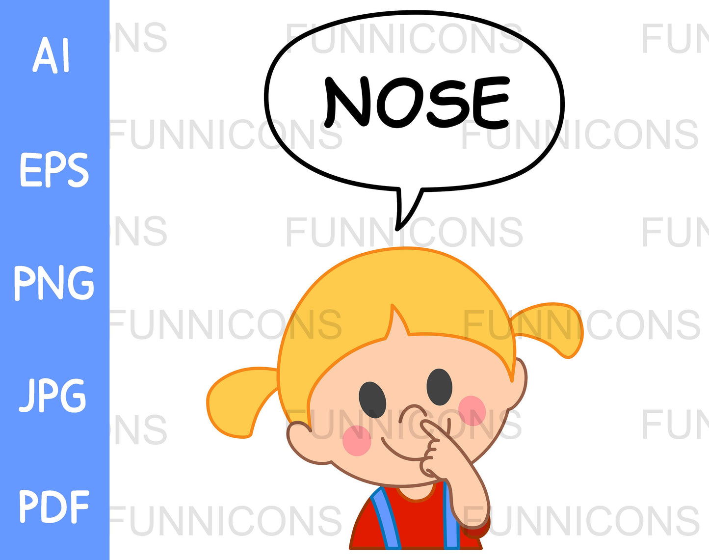 Young Girl Pointing to and Saying Nose in a Speech Bubble