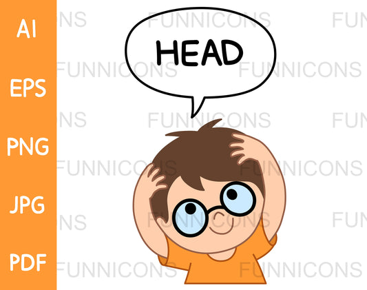 Young Boy with Eyeglasses Holding and Saying Head in a Speech Bubble