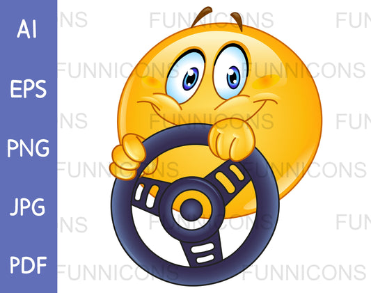 Happy Emoji Driving with a Steering Wheel
