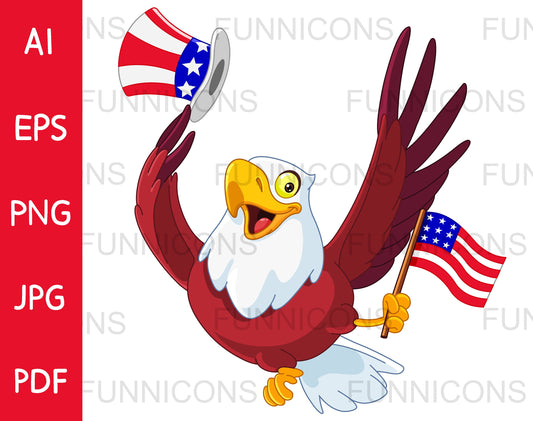 Happy Patriotic American Bald Eagle with a Top Hat and Flag