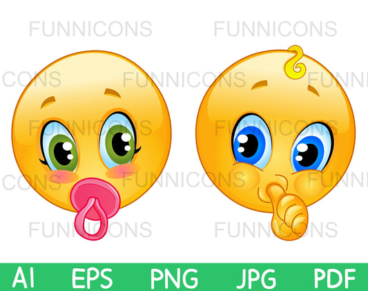 Cute Baby Emojis, Baby Girl Emoji with a Pink Pacifier and Baby Boy Emoji Sucking Thumb