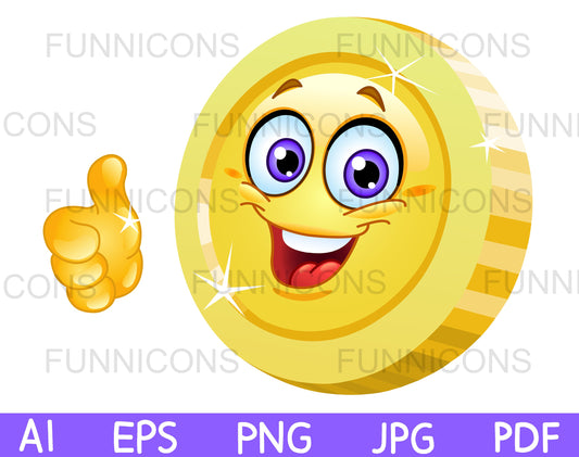 Happy Coin Emoji Showing a Thumb Up, Like Gesture