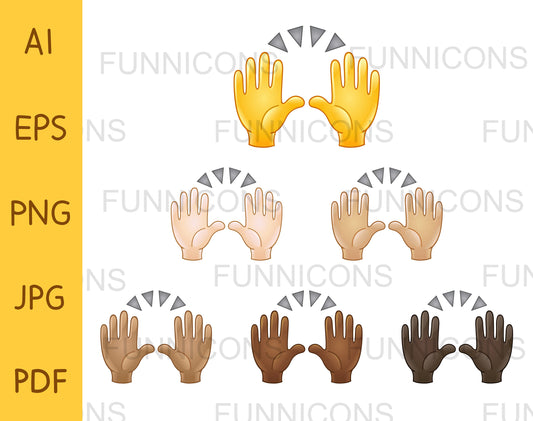 Raising Praise Hands in the Air Emoji Set of Various Skin Tones, Celebrating Success or another Event.