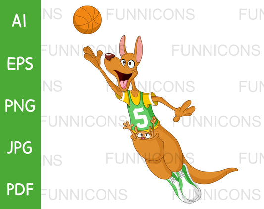 Happy Kangaroo and Joey Playing Basketball