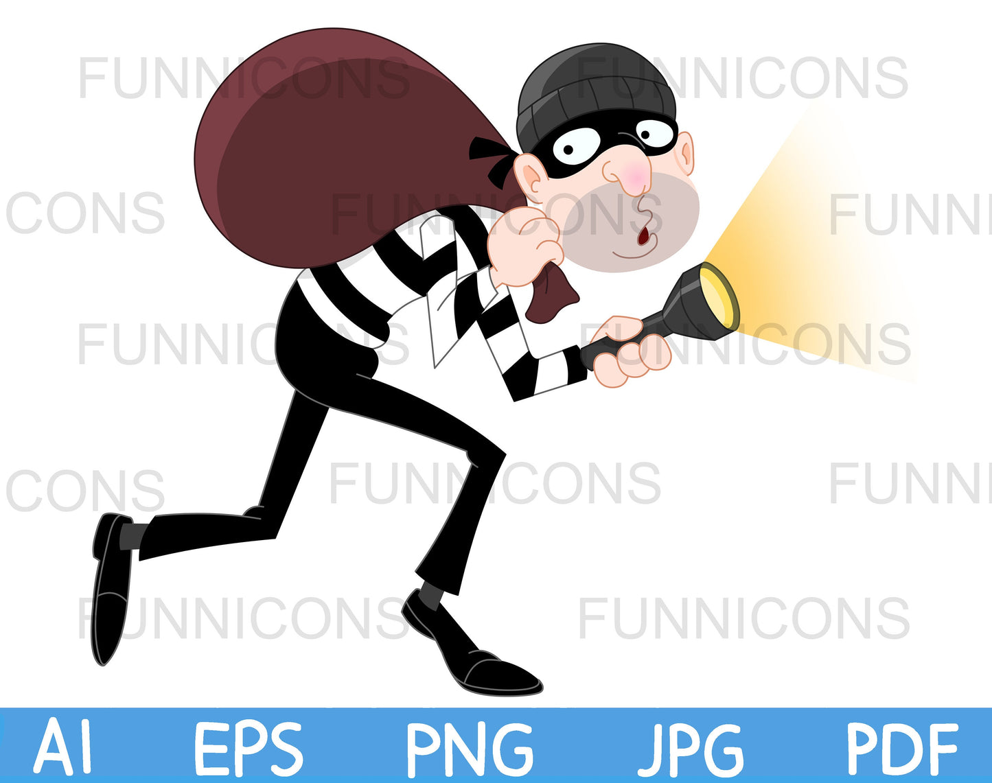 Tiptoeing Thief, Burglar, or Robber Pointing a Flashlight and Carrying a Bag on His Shoulders