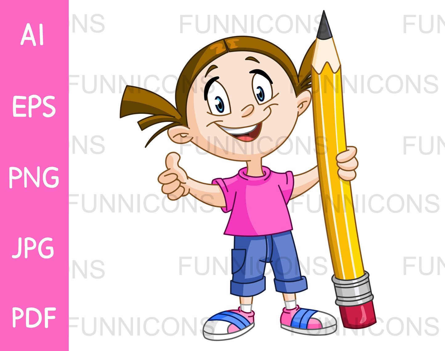 Happy Young Girl Holding a Big Pencil and Showing Thumb up, Like Gesture