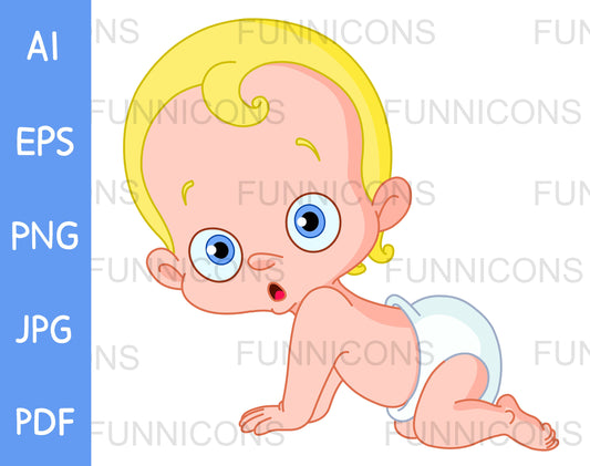 blond Baby Boy or Girl Crawling in a Diaper and Looking Surprised