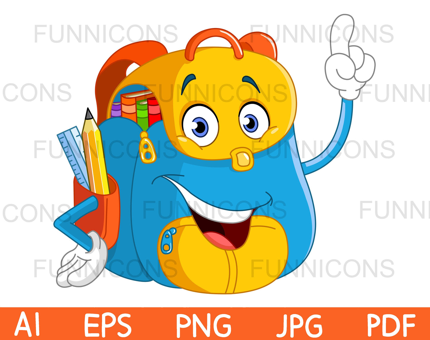 Happy Cartoon School Bag Backpack Having an Idea by Pointing with his Finger