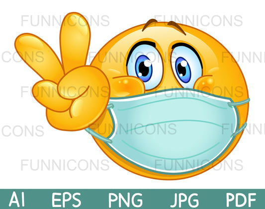 Emoji with Medical Mask over Mouth Showing V Sign. Peace, Victory or Vegan Gesture