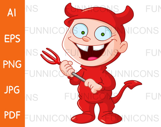 Happy Young Kid in a Devil Halloween Costume Holding a Pitchfork