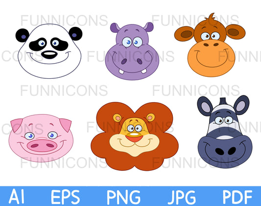 Animal Heads Faces Icons Set, Panda Bear, Hippo, Monkey, Pig, Lion and Zebra
