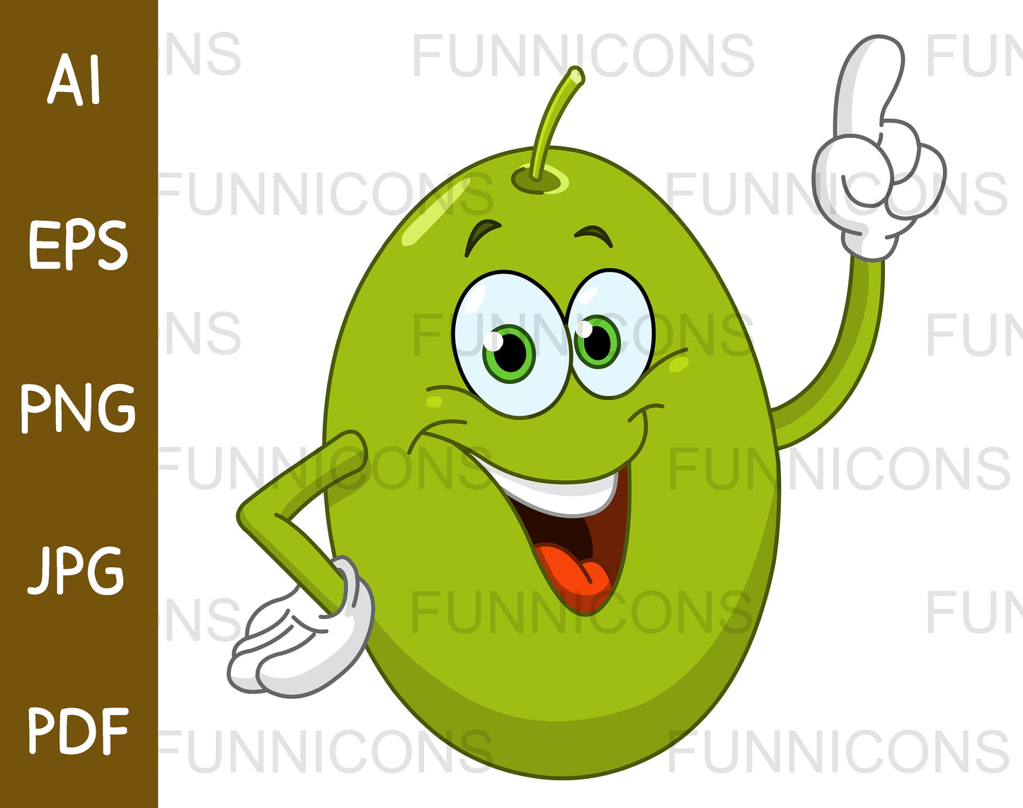 Happy Green Olive Cartoon Character Pointing with his Finger, Having an Idea