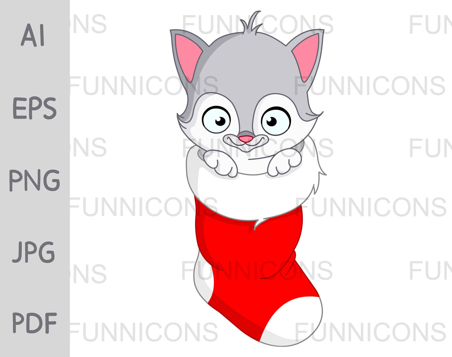 Smiling Grey Kitten Kitty Cat inside a Christmas Stocking