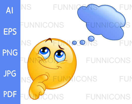 Smiling Emoji Thinking or Pondering under a Think Speech Bubble Cloud