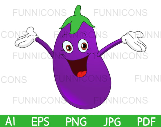 Happy Eggplant Cartoon Character Holding his Arms up
