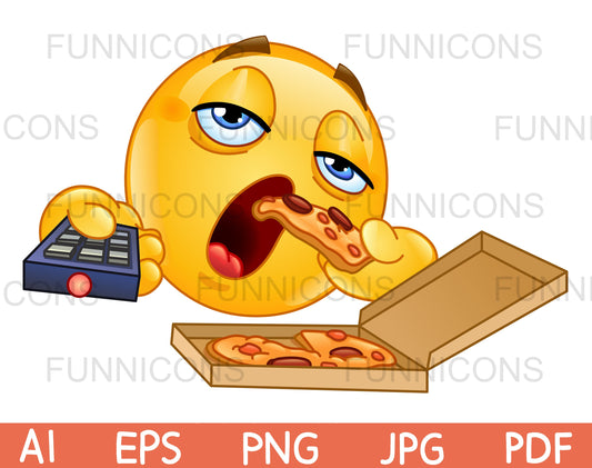 Couch Potato Slob Emoji Watching TV and Eating Pizza