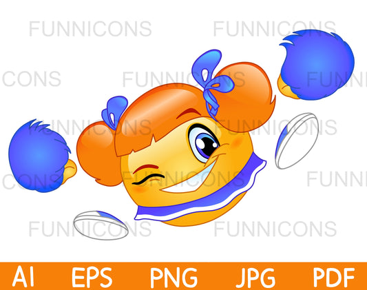 Winking Emoji Female Cheerleader with Purple Pom Poms