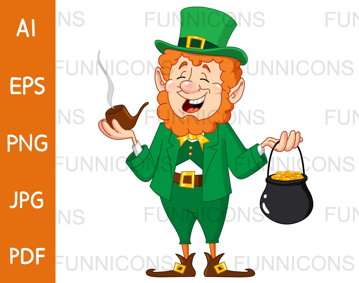 Happy Leprechaun Smoking a Pipe and Carrying a Pot of Gold