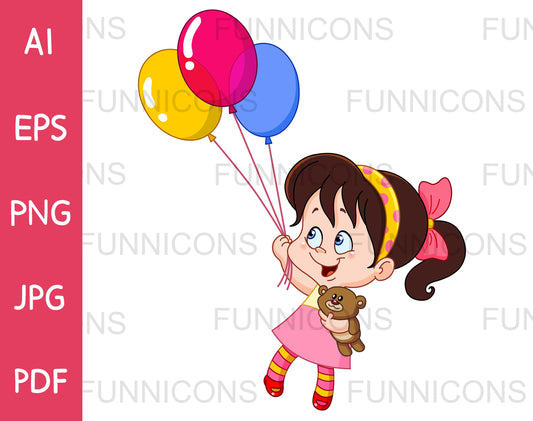 Happy Little Girl Floating away with Teddy Bear and Balloons