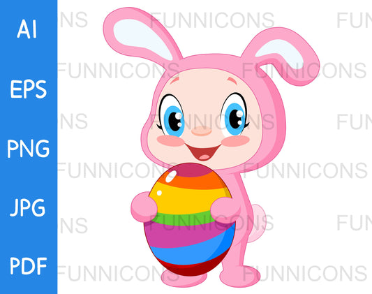 Cute Baby in a Pink Bunny Suit Holding an Easter Egg