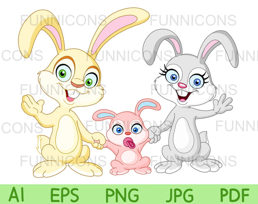 Happy Family of Bunny Rabbits, Dad, Baby and Mom