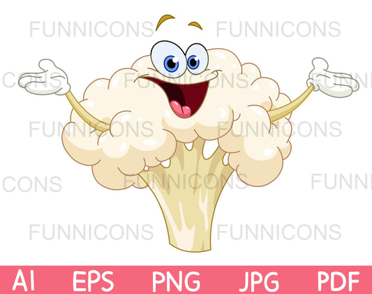 Happy Cartoon Cauliflower Character Raising his Arms