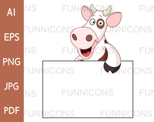 Happy Cute Cow over a Blank Sign