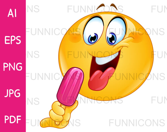 Happy Emoji with Tongue out Getting Ready to Eat a Popsicle or an Ice Lolly Pop.