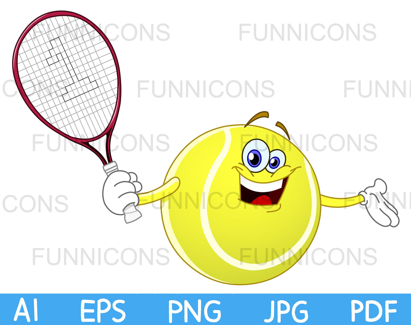 Happy Tennis Ball Cartoon Character Holding a Racket