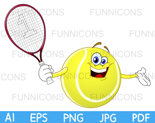 Happy Tennis Ball Cartoon Character Holding a Racket