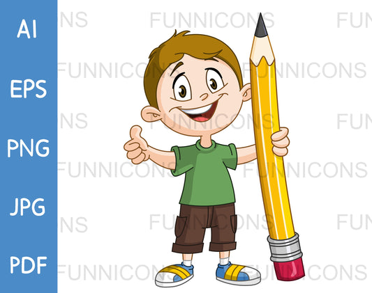 Young Happy Boy Holding a Big Pencil and Showing Thumb up, Like Gesture