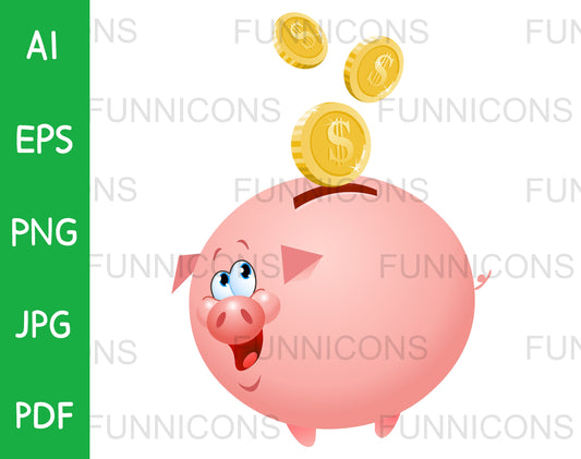 Coins Falling into a Happy Fat Piggy Bank Pig