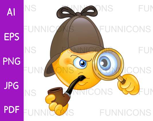 Retro Emoji Detective Looking Through a Magnifying Glass and Smoking a Pipe